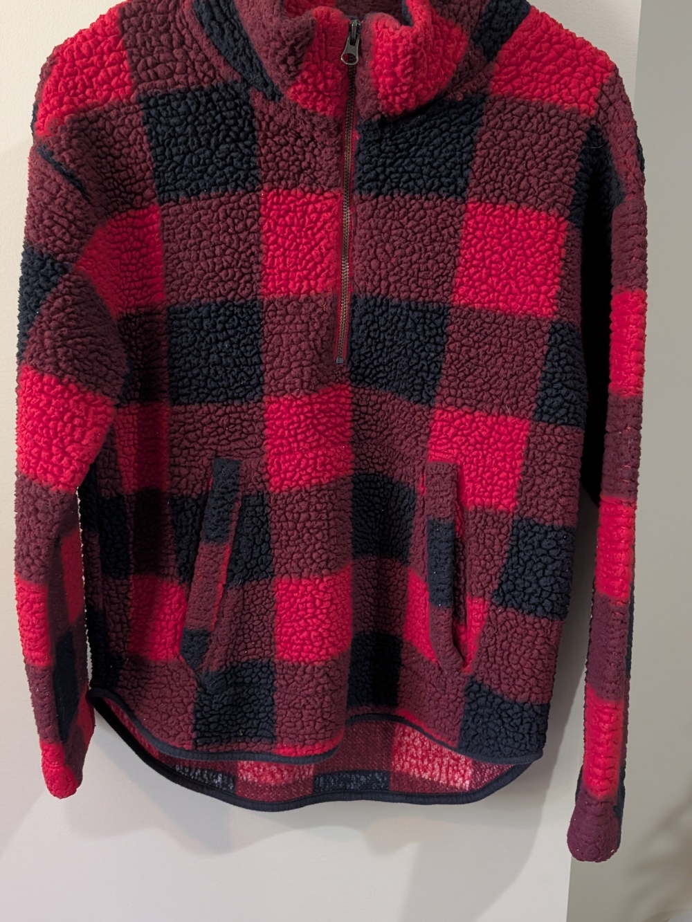 Old Navy Red and Black Buffalo-Check Sherpa Pullover